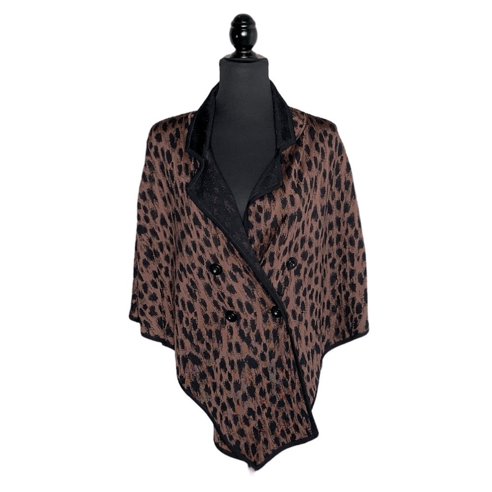St. John Wool Blend Leopard Knit Cape Poncho | Double Breasted Statement Wrap